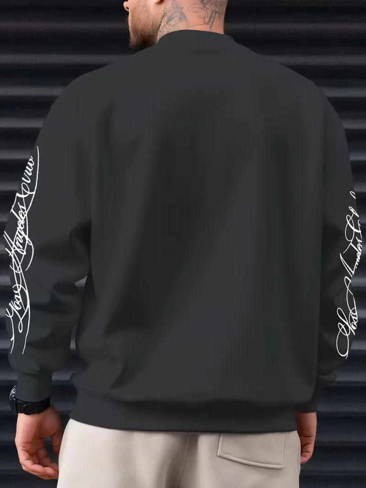 Men's crewneck sweatshirt with white script lettering on the chest and sleeves