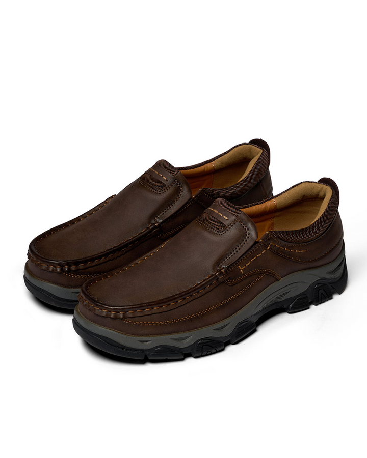 Unisex brown moc toe loafers with chunky soles