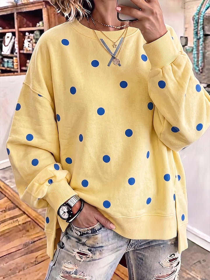 Women's polka dot crew neck sweatshirt with long sleeves and ribbed trims