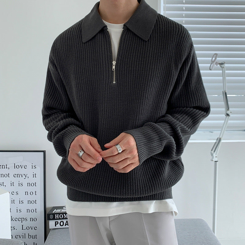 Men's textured quarter-zip collared sweater with long sleeves and ribbed trims