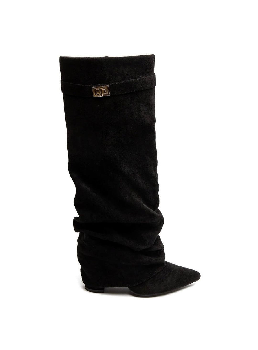 Women's black knee-high boots with slouchy shaft and gold buckle trim at calf