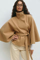 Women's belted cape coat with high collar and button front