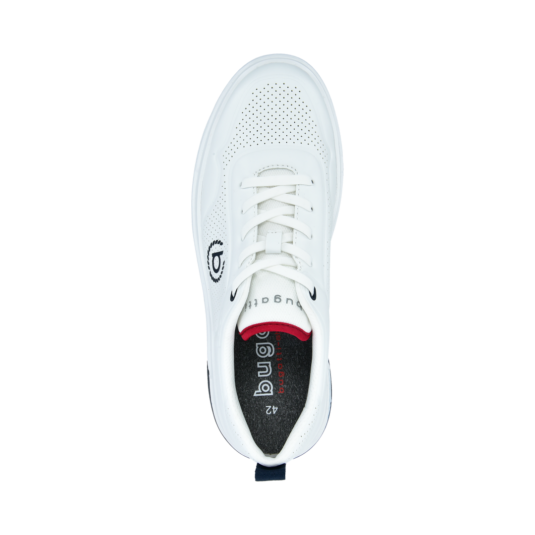 White low-top lace-up sneaker with perforated panels and dark logo