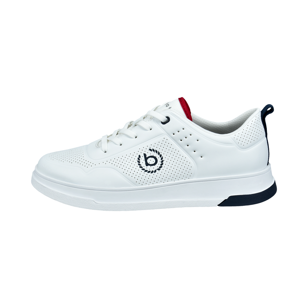 White low-top lace-up sneaker with perforated panels and dark logo