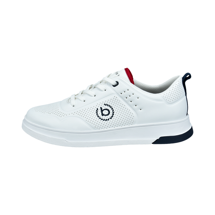 White low-top lace-up sneaker with perforated panels and dark logo