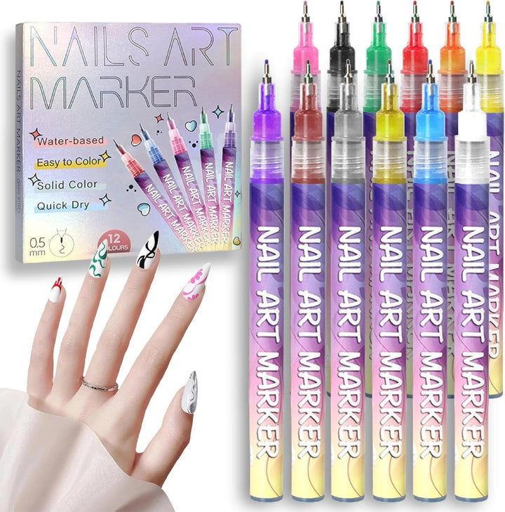 Set of 12 colourful water-based nail art pens with fine tips and storage box