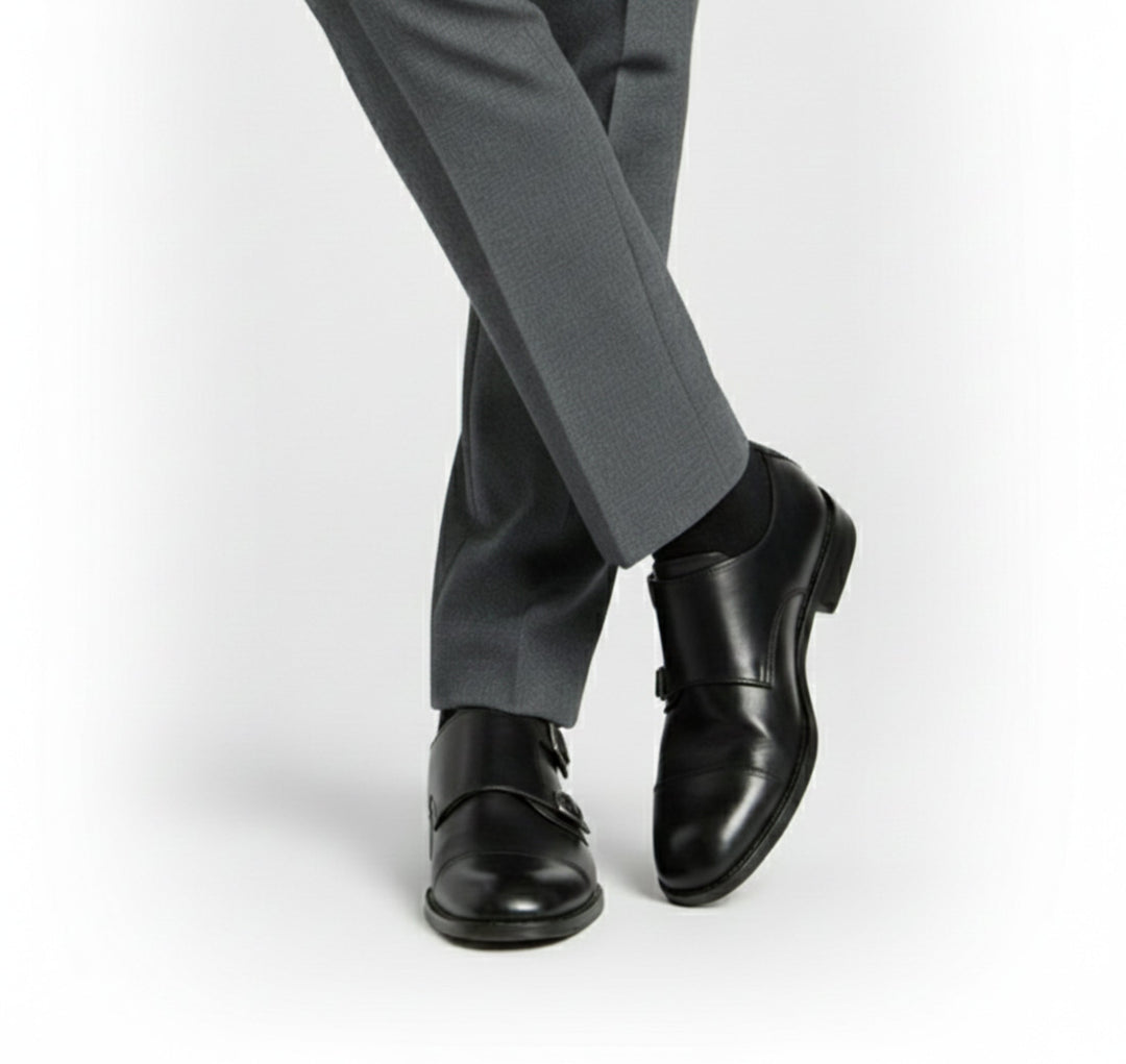 Men's double monk strap loafers with twin buckles and low heels