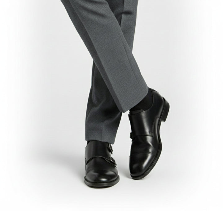 Men's double monk strap loafers with twin buckles and low heels