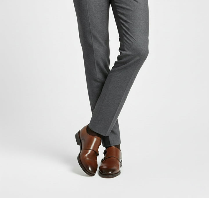 Men's double monk strap loafers with twin buckles and low heels