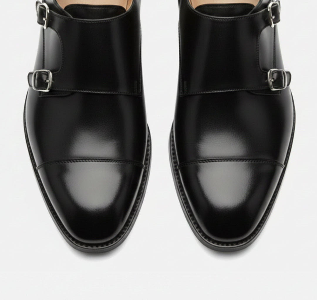 Men's double monk strap loafers with twin buckles and low heels