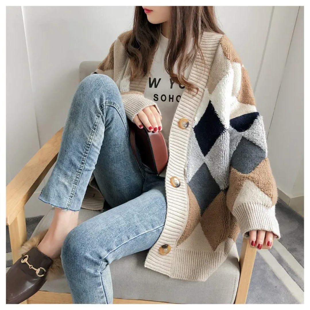 Women's multicolor argyle knit cardigan with buttons and long sleeves