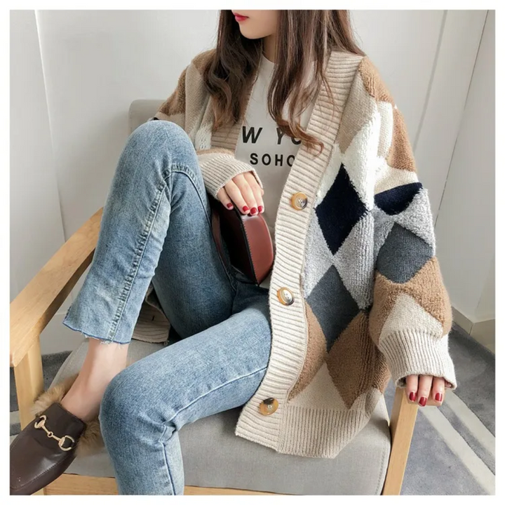 Women's multicolor argyle knit cardigan with buttons and long sleeves