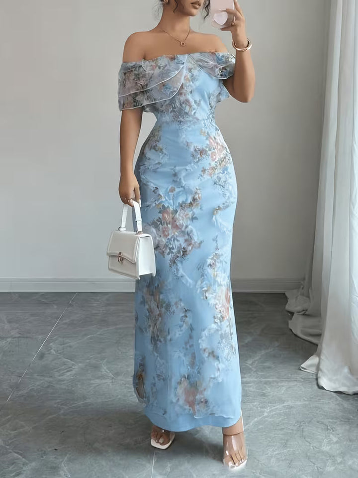 Women's off-shoulder maxi dress with short ruffled sleeves and floral embroidery