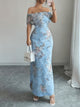Women's off-shoulder maxi dress with short ruffled sleeves and floral embroidery