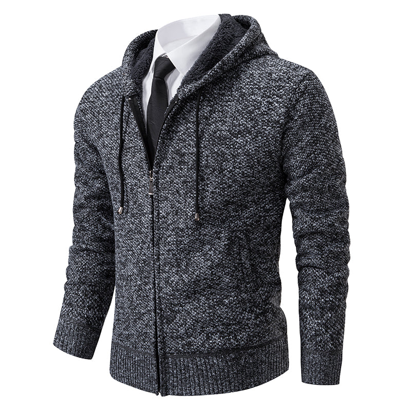Men's textured zip cardigan with long sleeves, ribbed trims and hood