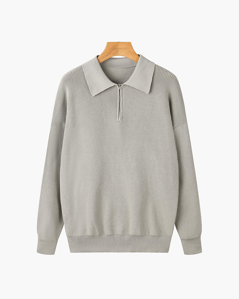 Men's textured quarter-zip collared sweater with long sleeves and ribbed trims