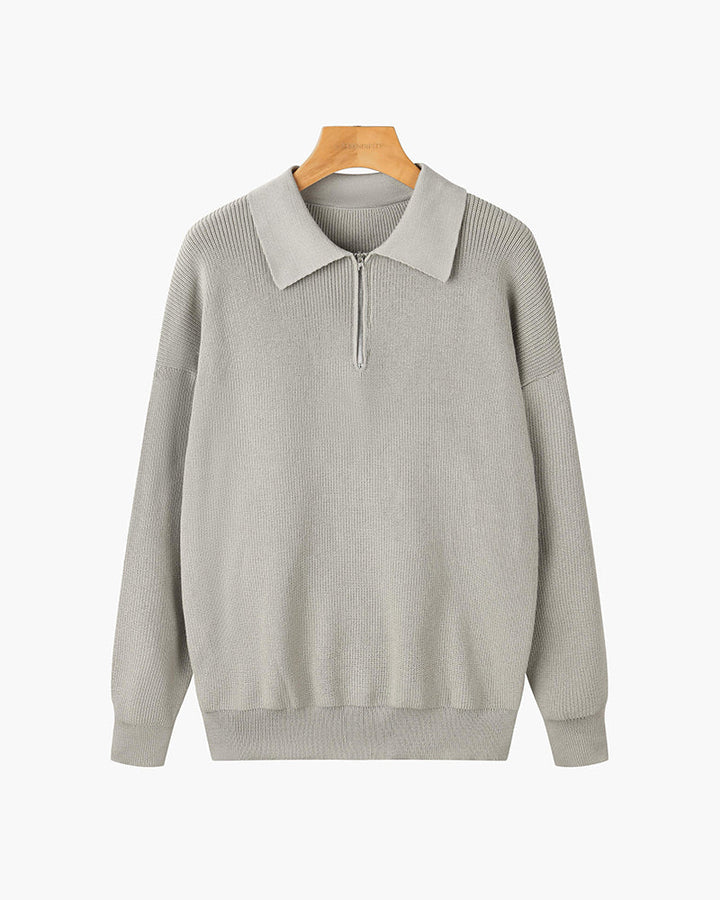 Men's textured quarter-zip collared sweater with long sleeves and ribbed trims