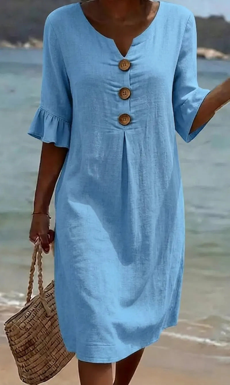 Women's Linen Blend Shift Dress, Buttoned V-Neck, Ruffle Cuffs