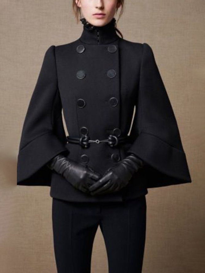 Women's black high neck cape coat with buttons and flared sleeves