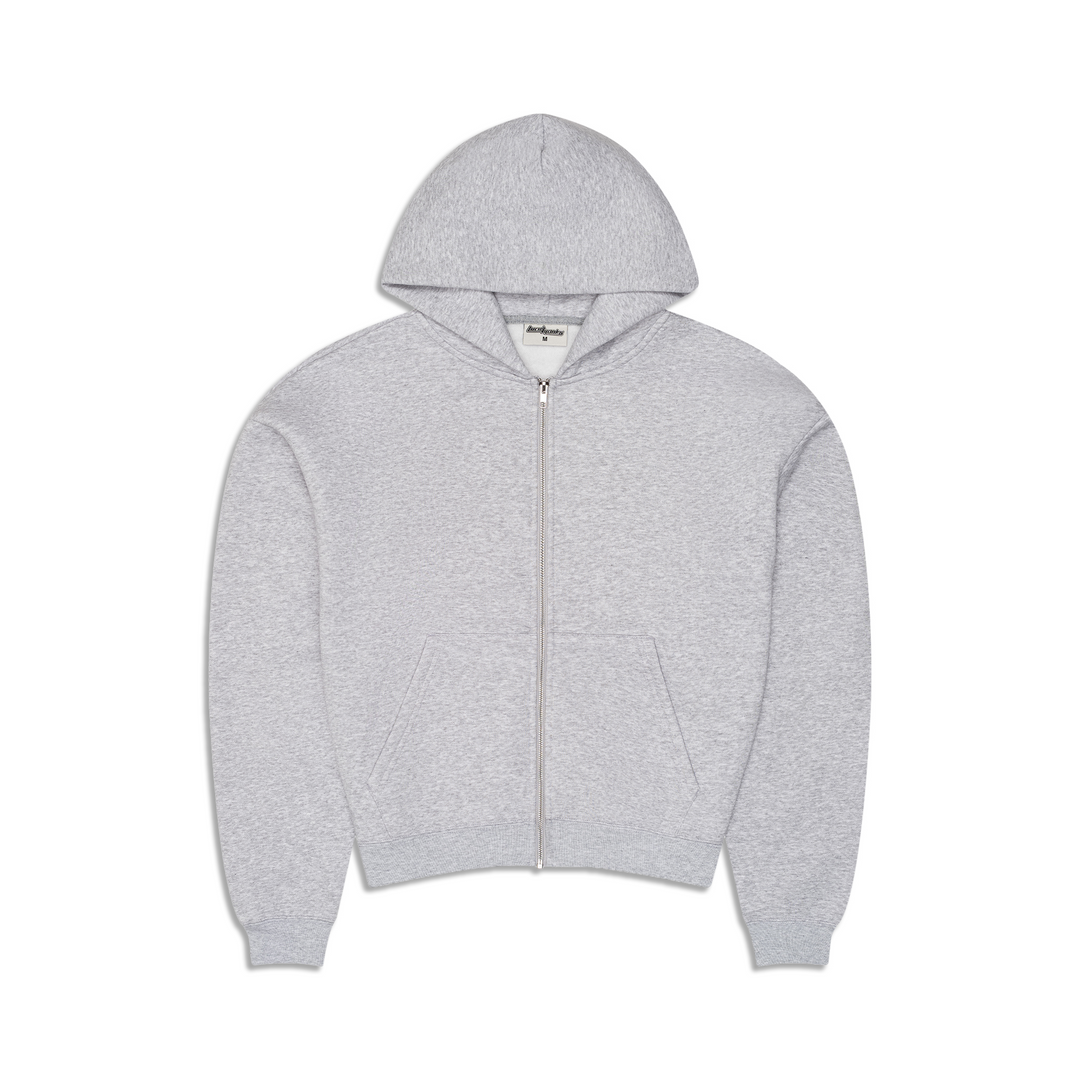 Men's grey zip-up hoodie with hood, long sleeves and front kangaroo pocket