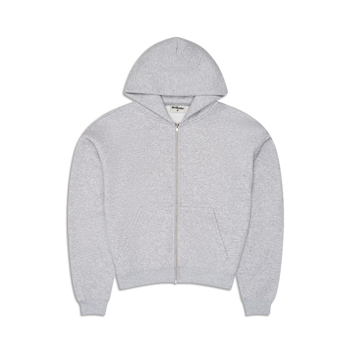 Men's grey zip-up hoodie with hood, long sleeves and front kangaroo pocket