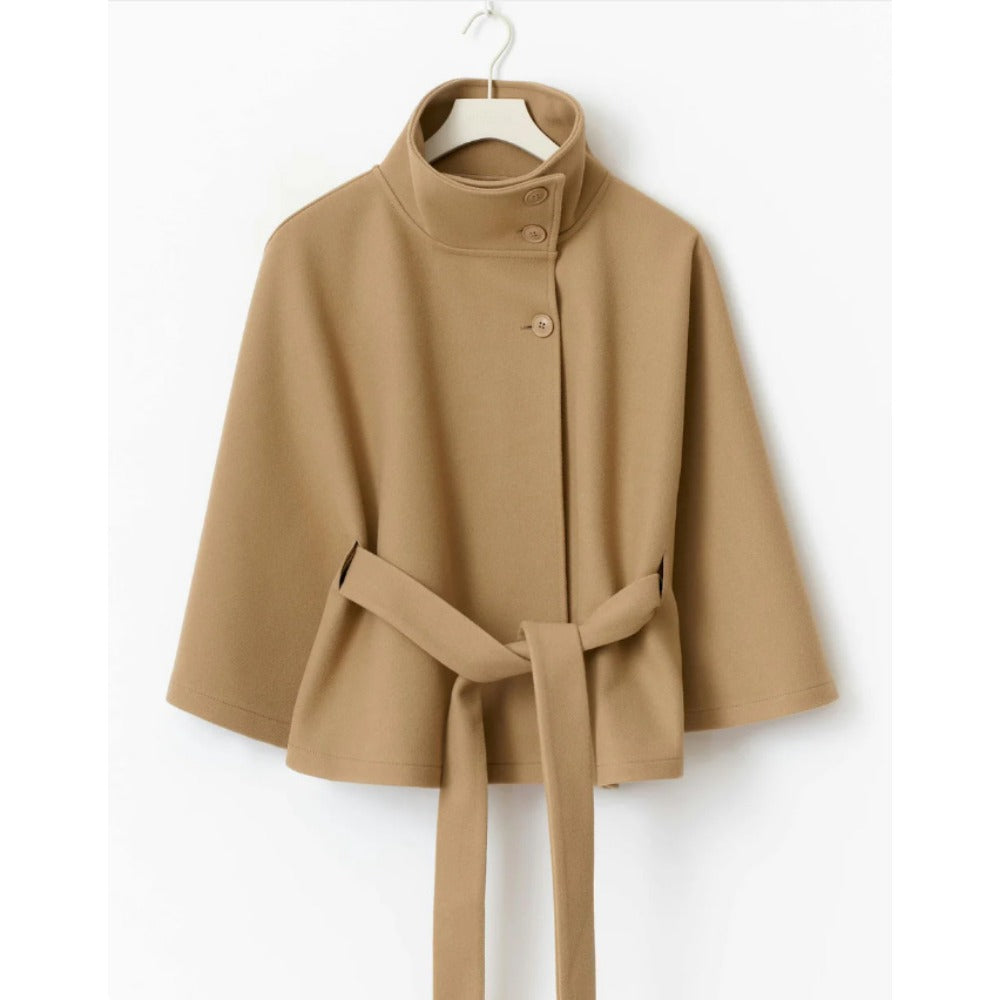 Women's belted cape coat with high collar and button front