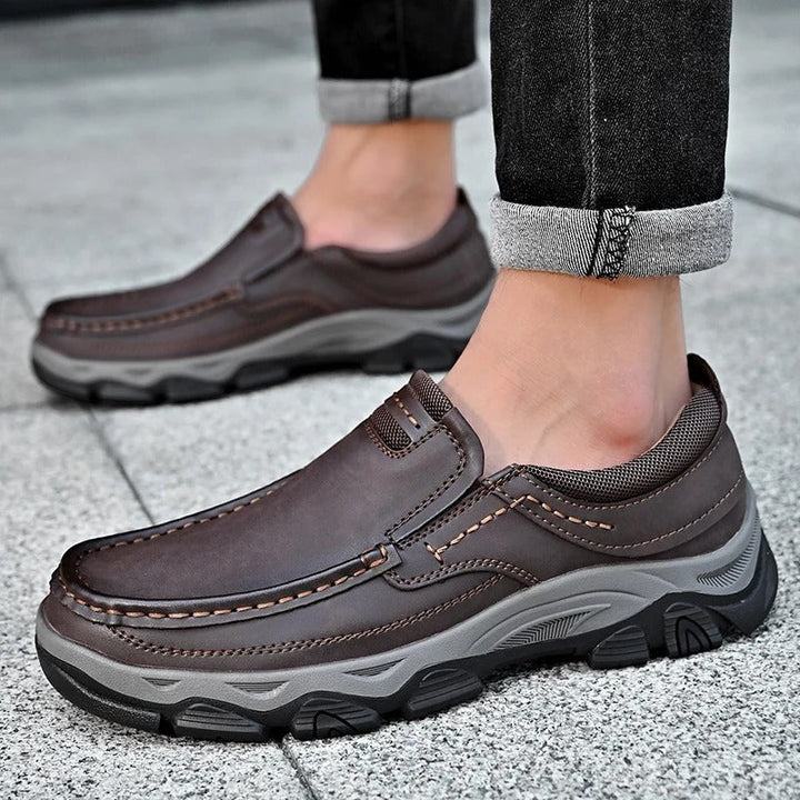 Unisex brown moc toe loafers with chunky soles