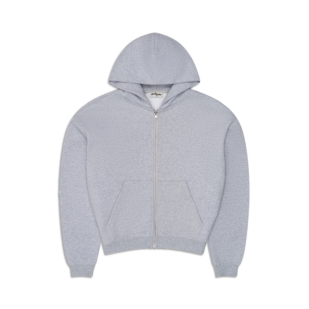 Men's gray zip-up hoodie with hood, long sleeves and front kangaroo pocket