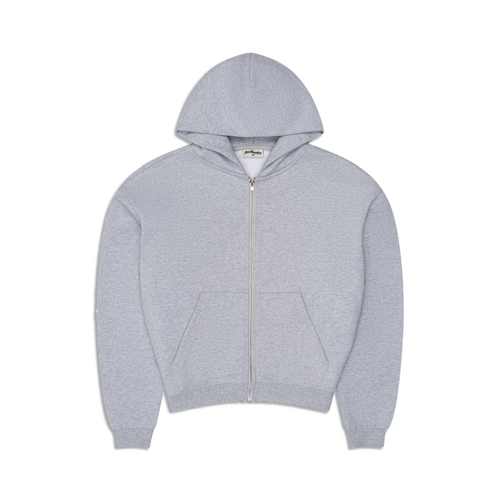 Men's gray zip-up hoodie with hood, long sleeves and front kangaroo pocket