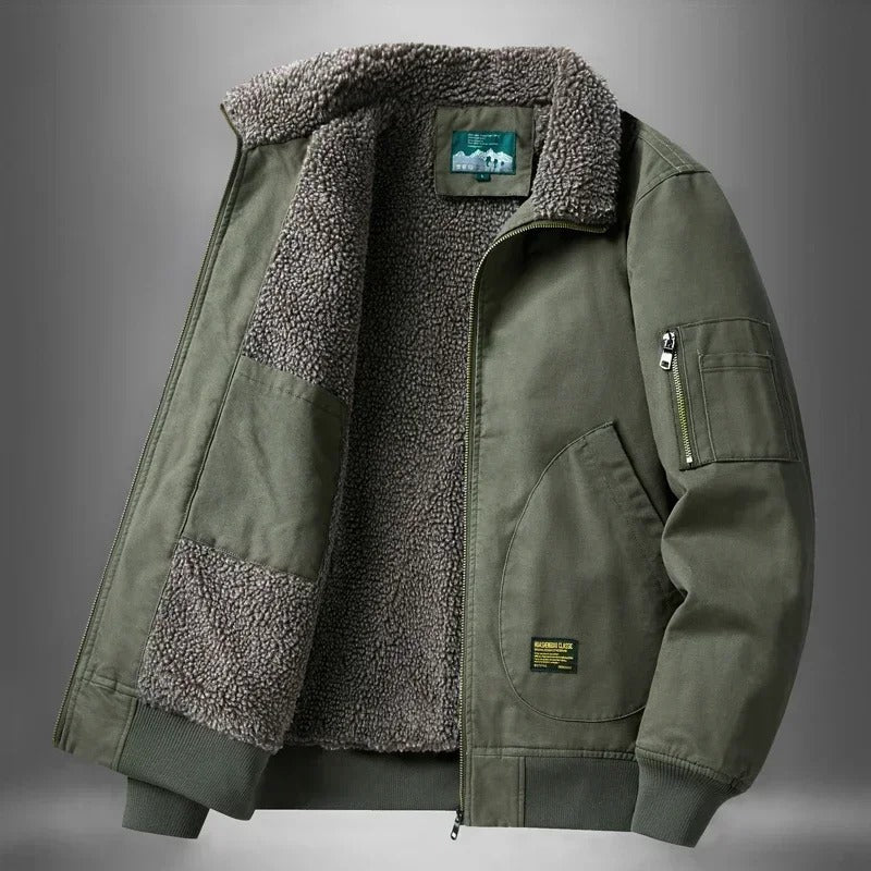 Sherpa-lined bomber jacket with sleeve utility pocket