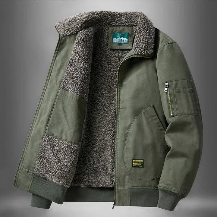 Sherpa-lined bomber jacket with sleeve utility pocket