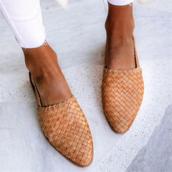 Woven Vegan Leather Ballerinas Shoes in Dark Brown - View 3 | Bellmere