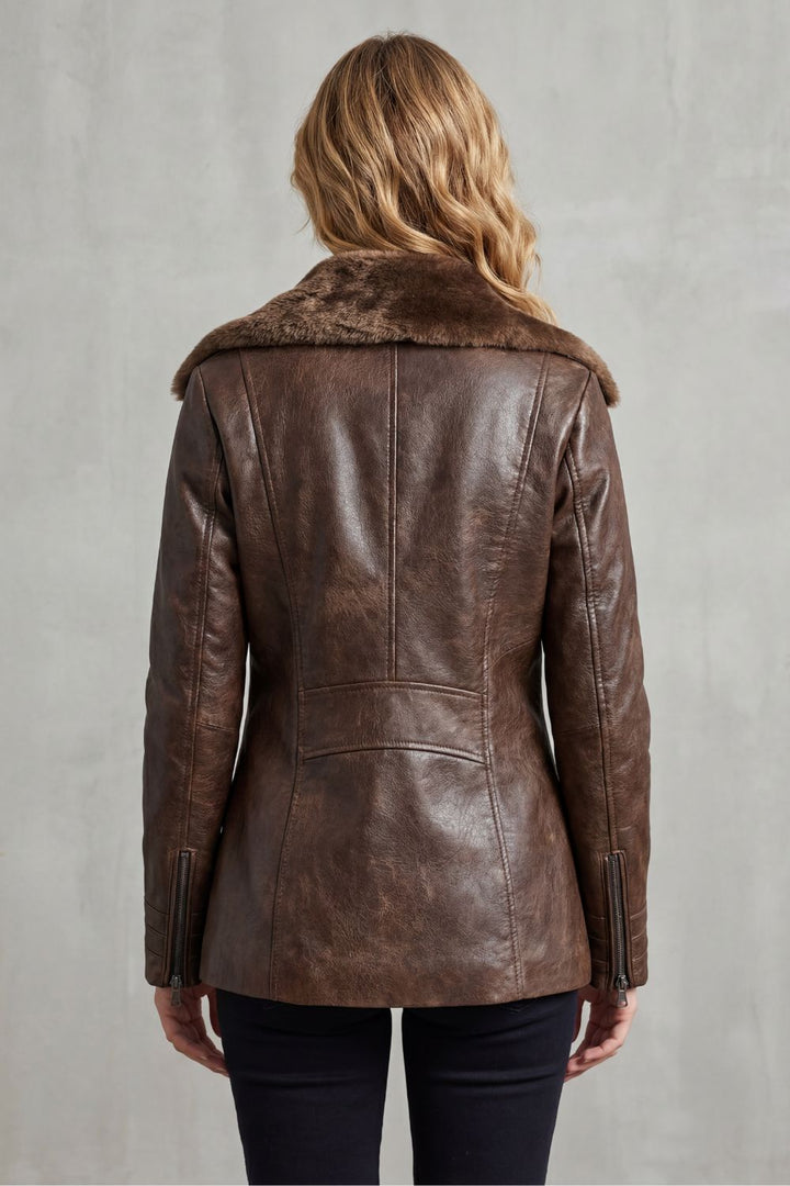 Women's brown jacket with plush-textured collar, long sleeves and zip front