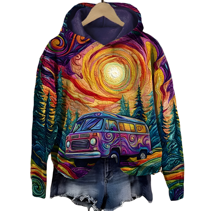Women's multicoloured abstract printed hoodie with hood and cropped raw hem