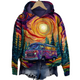 Women's multicoloured abstract printed hoodie with hood and cropped raw hem