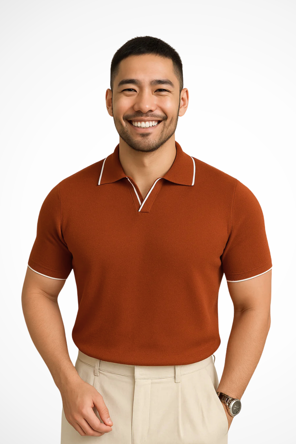 Men's slim fit knit polo shirt with contrast collar and sleeve trim