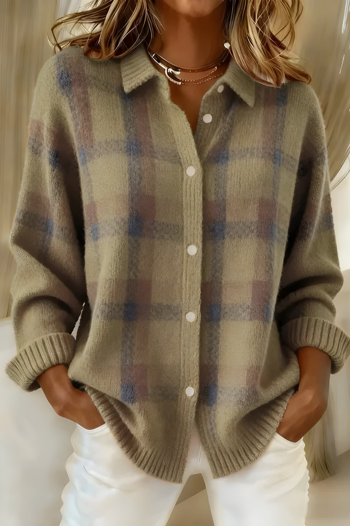 Women's checkered button-front cardigan with shirt collar