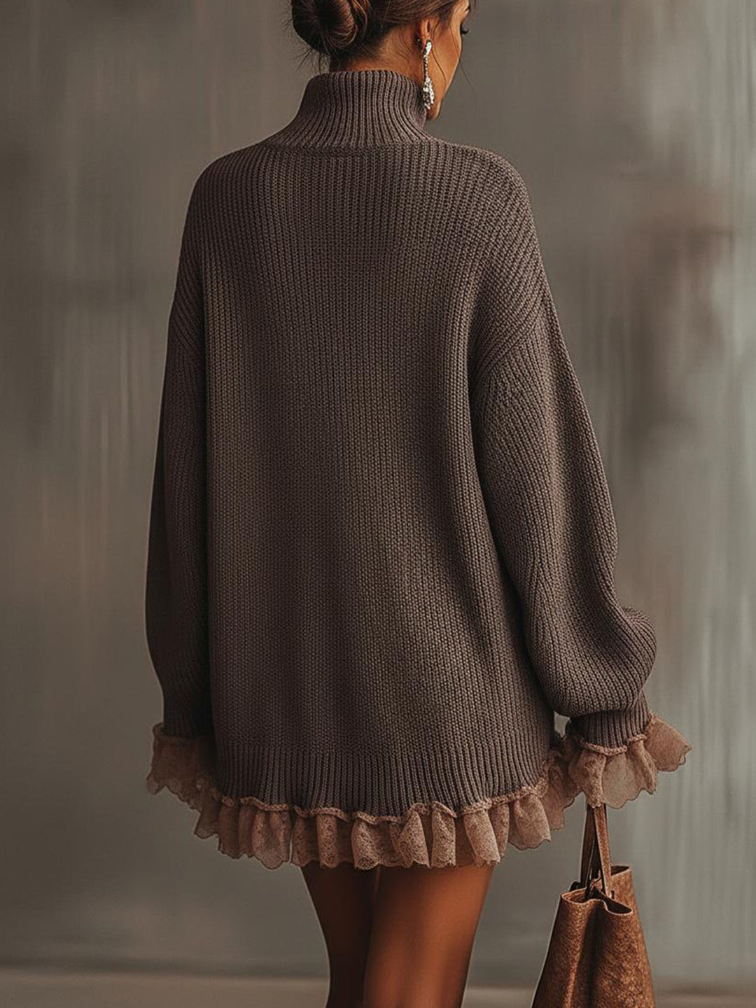 Women's brown textured knit mini dress with turtleneck and ruffle trim