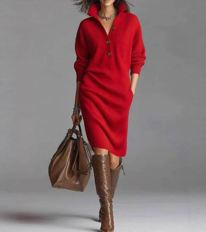 Women's knitted midi dress with high collar, buttons and long sleeves