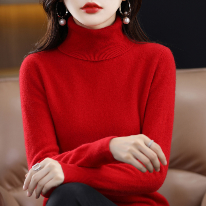 Women's solid knit turtleneck sweater with long sleeves
