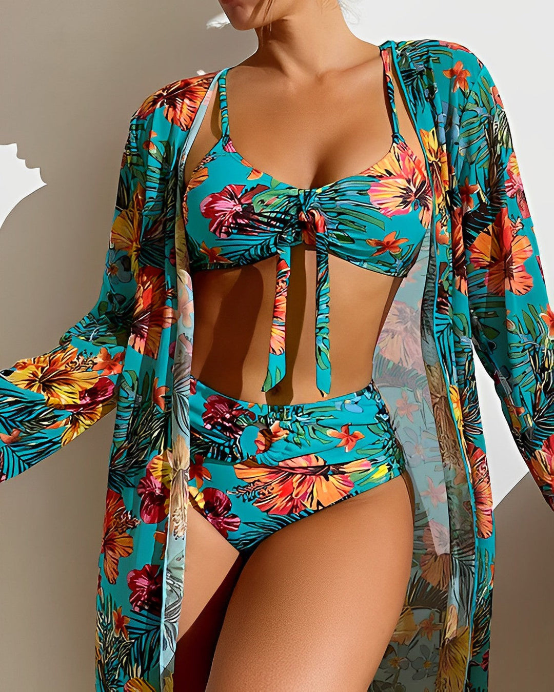 Tropical Print Bikini Set with Cover-Up Swimwear Sale in Green (Almost Sold Out) - View 7 | Bellmere