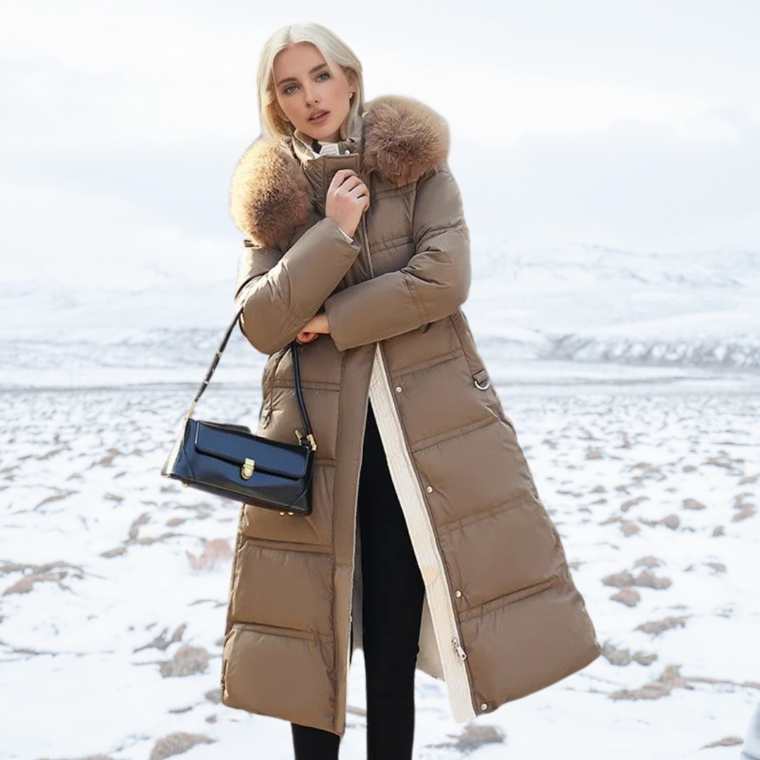 Women's longline quilted winter coat with fur-trim hood