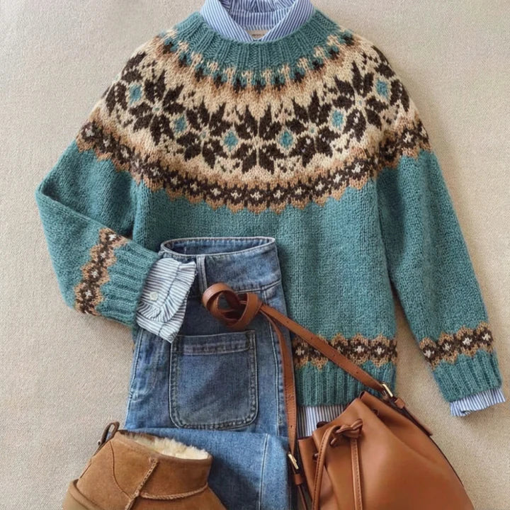 Women's blue Fair Isle crew neck sweater with long sleeves and patterned trim