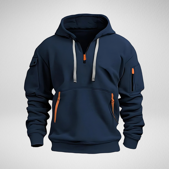 Men's hooded long-sleeve hoodie with quarter-zip neck and utility pockets