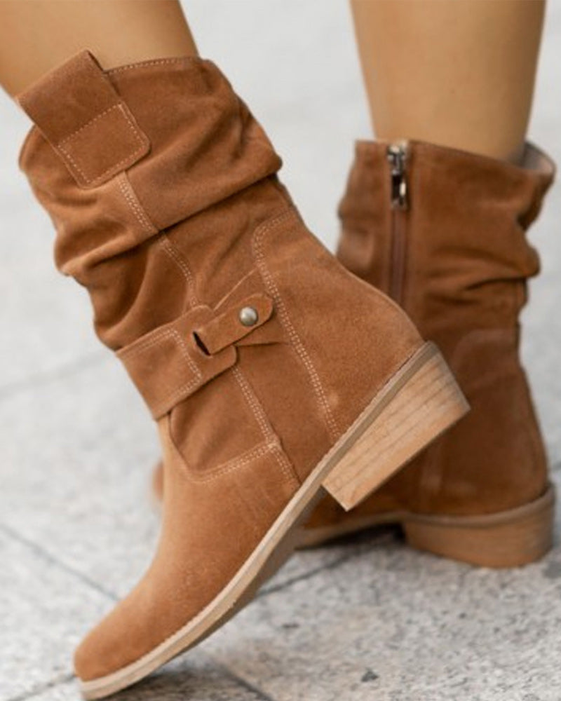 Women's slouch ankle boots with low heels, side zippers and wraparound straps