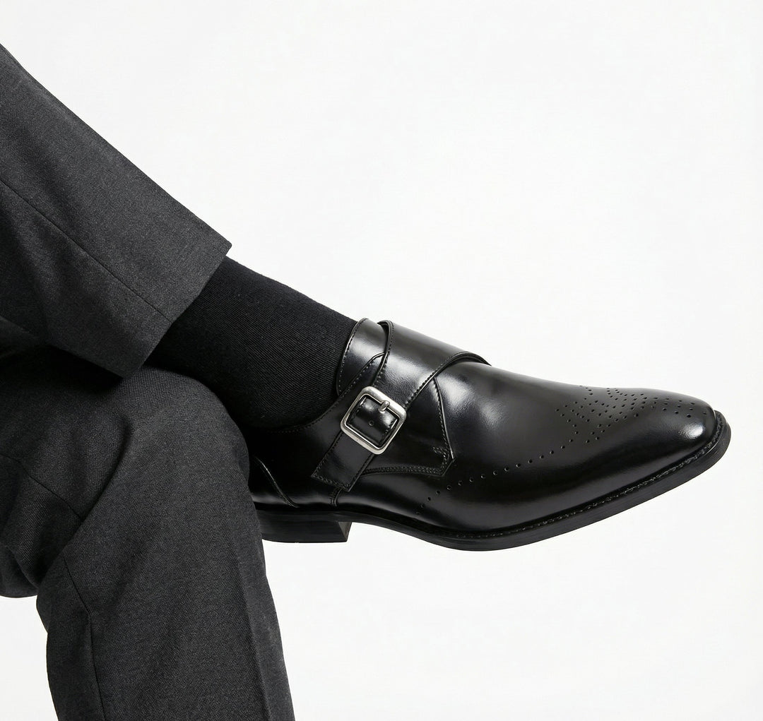 Men's polished buckle loafers with perforated almond toes
