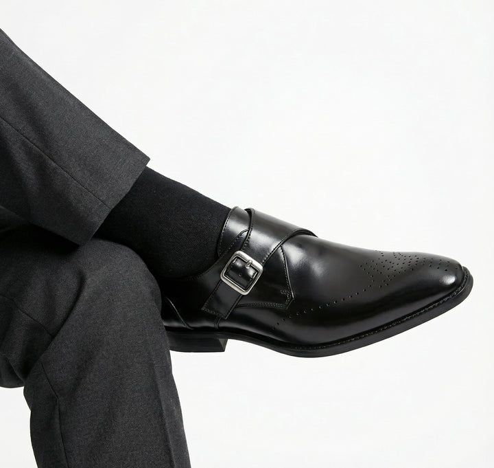 Men's polished buckle loafers with perforated almond toes