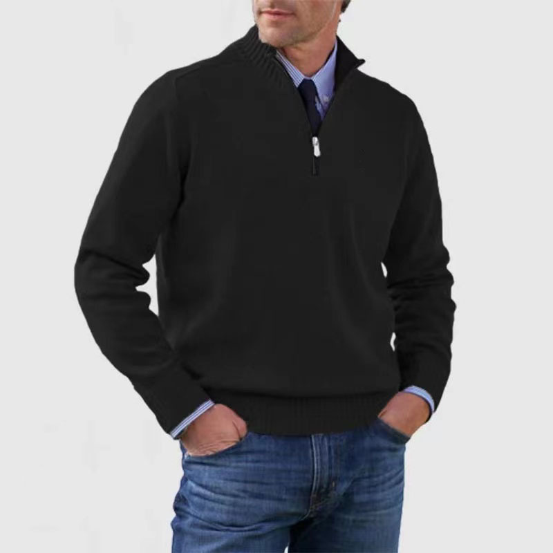 Men's long-sleeve half-zip mock neck sweater with ribbed trims