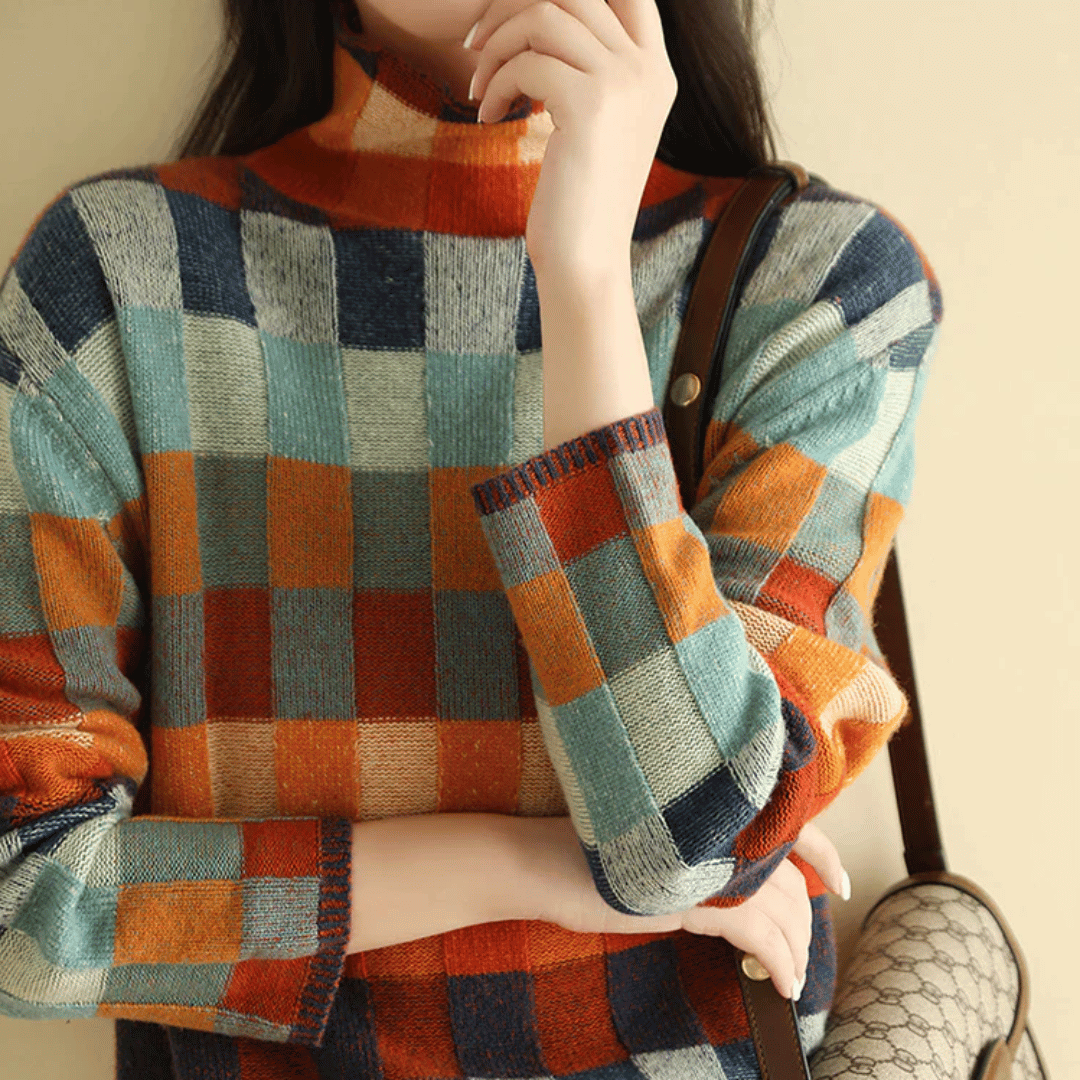 Women's multicolor patchwork turtleneck sweater with long sleeves