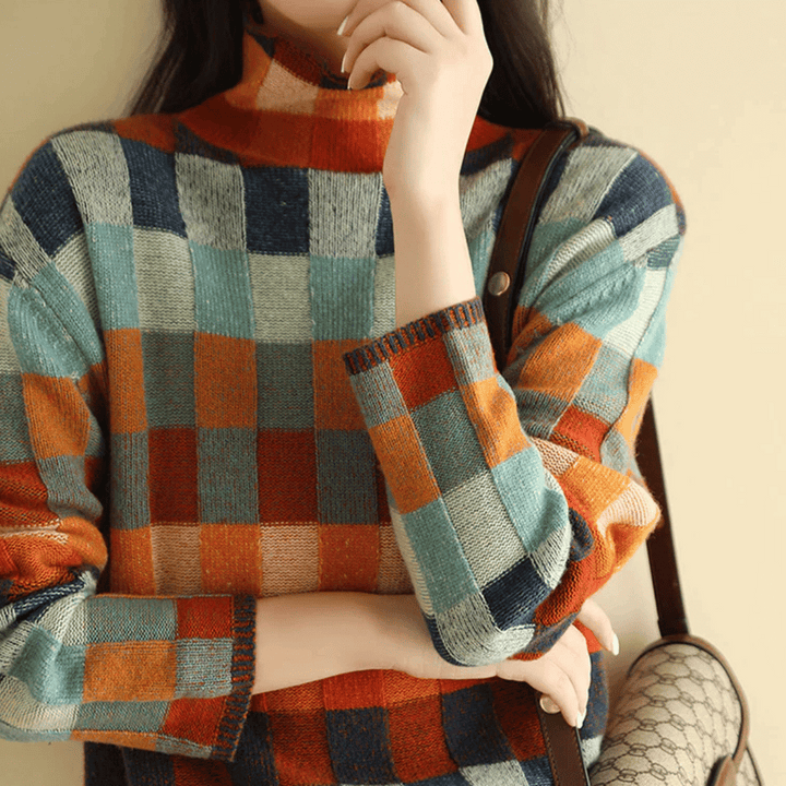 Women's multicolor patchwork turtleneck sweater with long sleeves
